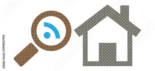 Conceptual representation of searching for digital real estate or online home information using a magnifying glass and RSS feed icon combined with a house outline
