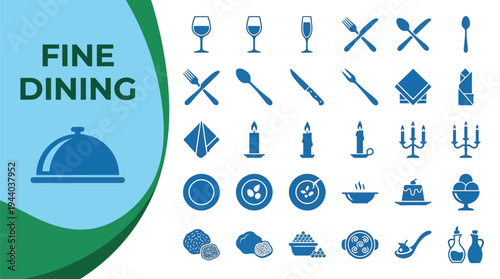 Fine dining icons set displays elegant elements for table setting.