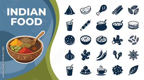 An Indian food icon set displays spices, savory dishes, and common.