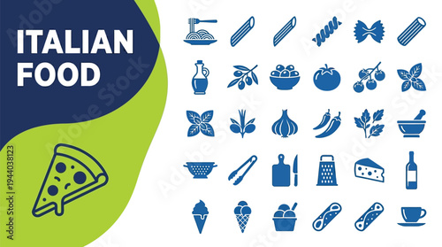 Italian food icon collection shows pizza slice, pasta shapes, and olive oil.