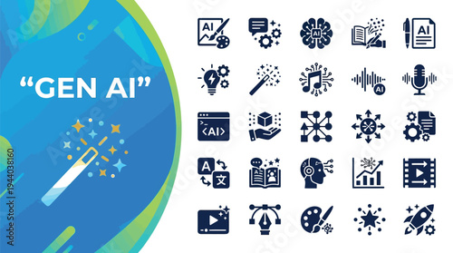 Generative AI concept icons display a magic wand and digital creation tools.