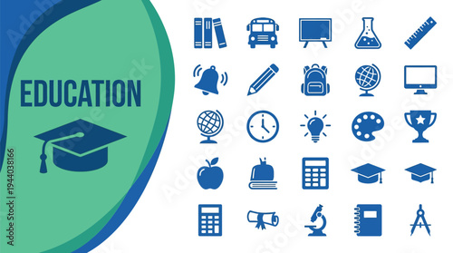 Education concept icons feature a graduation cap, books, and school bus.