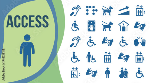 Access signs depict universal accessibility symbols for people with diverse.