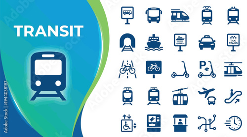 Transit and transportation symbols show various modes of public and private.