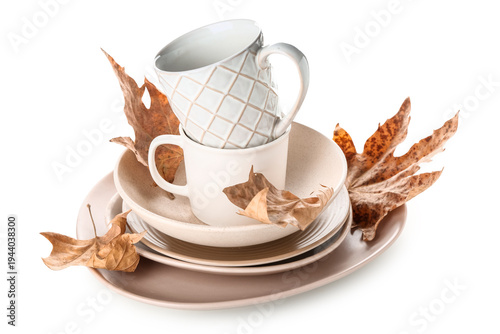 Stack of beige dishes with ...