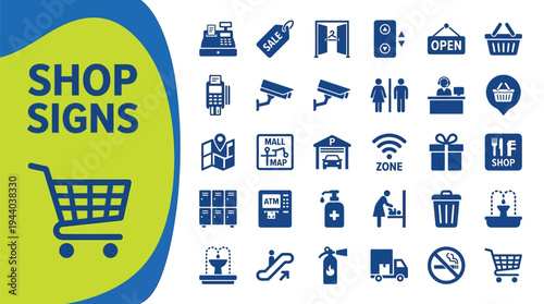 Shopping center signs group provides necessary navigational and security.