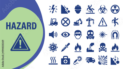Hazard warning icons collection illustrates various industrial safety.