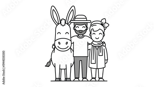 Cheerful Farm Family: A heartwarming illustration shows a happy family embracing their donkey friend, capturing the essence of togetherness and the joys of rural life.