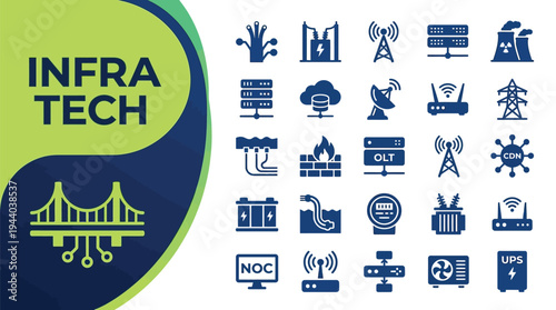 Infrastructure technology icons showcase bridges, power grids, networking.