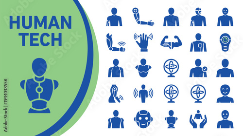 Human technology icons depict cyborg enhancements, prosthetics, and advanced.