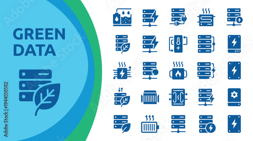 Green data center icons represent sustainable energy use in server.