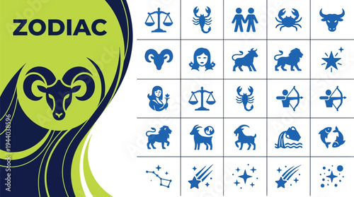 Zodiac sign icons present astrological symbols for horoscope and celestial.
