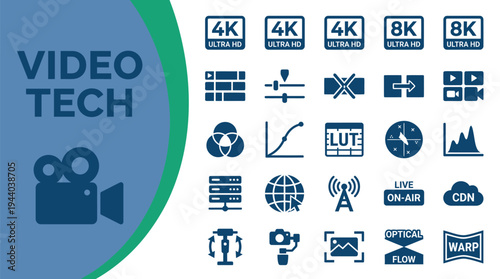 Video technology icons represent digital media creation and high resolution.