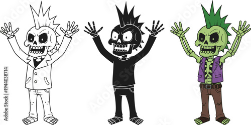 Cartoon punk skeleton character set with mohawk hairstyle in outline, black silhouette and colored version isolated on white background
