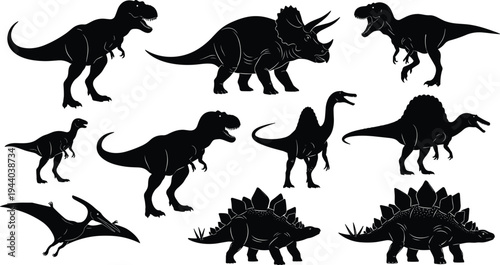 Dinosaur silhouette collection featuring T rex triceratops stegosaurus spinosaurus and pterodactyl prehistoric reptile silhouettes isolated on white background
