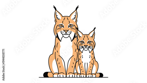Lynx family outline: A charming graphic illustration of a mother lynx and her kitten. The linework design emphasizes the elegance of these wild animals. A symbol of familial bond, loyalty.