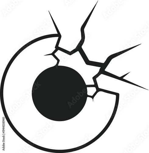 Abstract symbol representing a cracked circle with a dark inner sphere, symbolizing destruction or fragmentation