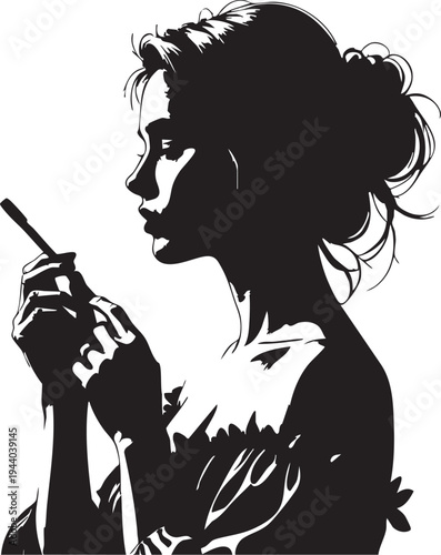 Vector art: silhouette of woman smoking cigarette - black and white illustration eps