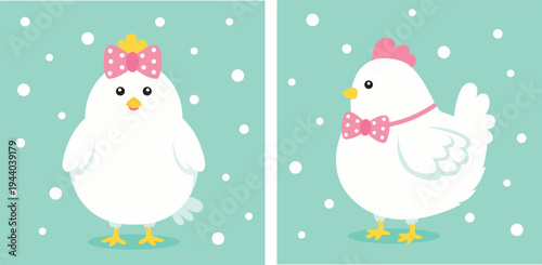 A playful minimal illustration featuring two adorable Easter chicks wearing pink polka-dot bows on a soft mint background with white dots for Easter greeting cards