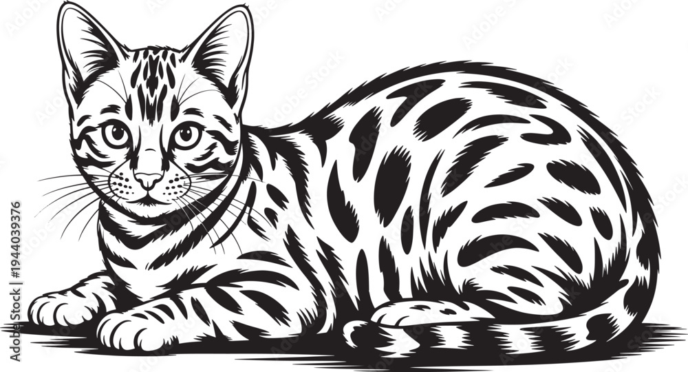 Fototapeta premium Illustration of a bengal cat laying down, featuring intricate fur patterns and expressive eyes