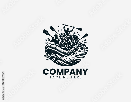 Whitewater rafting team paddling inflatable raft in dynamic modern black vector illustration style