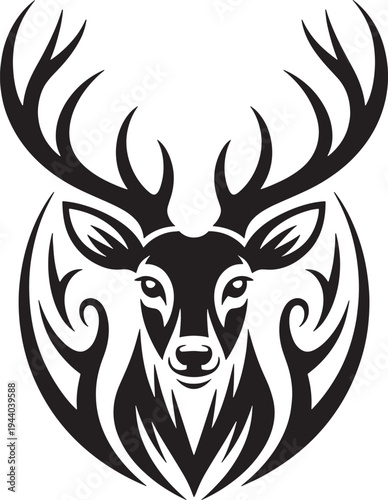Majestic stag head silhouette with large antlers tribal art decorative element on grey checkered background forest animal