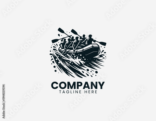 Whitewater rafting team paddling inflatable raft in dynamic modern black vector illustration style