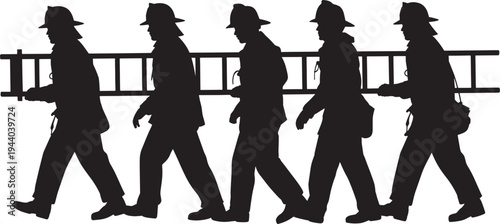 Five firefighters silhouette carrying ladder historical profession group marching on grey checkered background rescue service