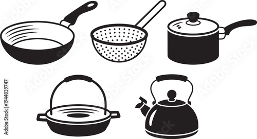 Collection cooking utensils kitchen equipment set pan pot kettle colander cauldron black white