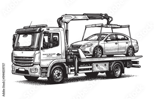 Foto Modern Tow Truck with Crane Lifting a Car Automotive Service Sketch