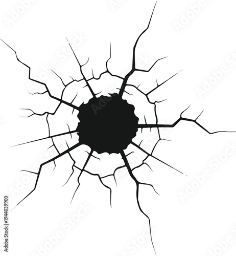 Abstract representation of a black circular void with radiating cracks on a white background, symbolizing destruction or a break