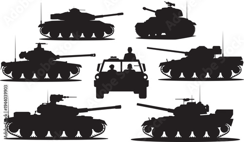 Set of silhouettes of military tanks and military vehicle vector illustration graphic design