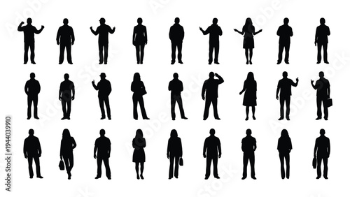 Collection of diverse human silhouettes in various poses and gestures on a white background for design and illustration