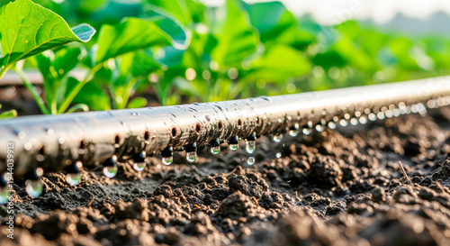 Close up of drip irrigation pipe watering green plants in farm field