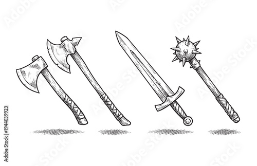 Medieval Armory Set Sketch with Battle Axes Sword and Mace