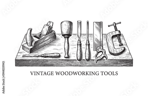 Woodworking Hand Tools Sketch Carpenter Equipment Set