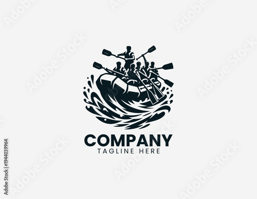 Whitewater rafting team paddling inflatable raft in dynamic modern black vector illustration style