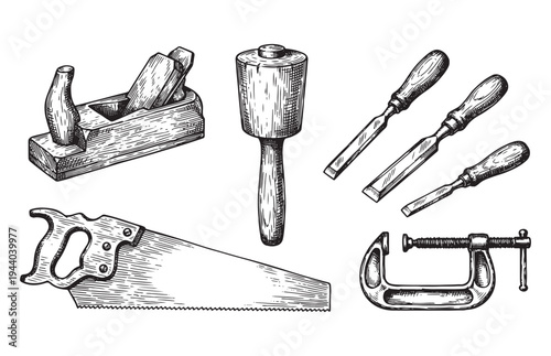 Woodworking Hand Tools Sketch Carpenter Equipment Set