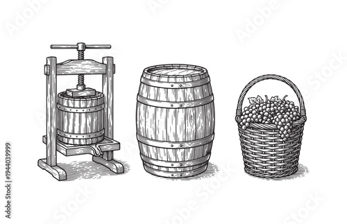 Vintage Winemaking Set Sketch with Grape Press Wooden Barrel and Basket
