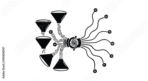 robot with multiple funnel nozzles spraying liquids in different directions