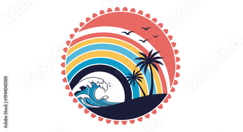 Tropical Paradise Beach Scene with Palm Trees, Ocean Wave, and Rainbow