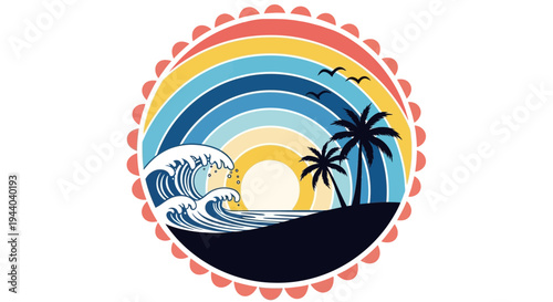 Retro Sunset Beach Scene with Palm Trees and Waves - Vintage Vibe