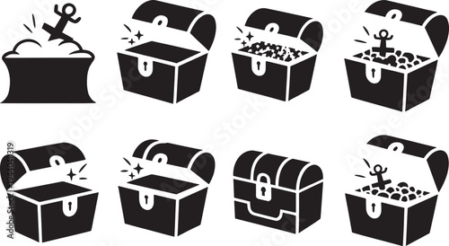 Set of black treasure chests with shiny coins and anchor isolated on transparent background