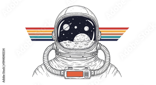 Astronaut Helmet Reflection Space Stars Planets Retro Stripes White Background Illustration