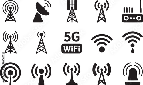Collection of various black antenna communication and network signal icons on transparent background