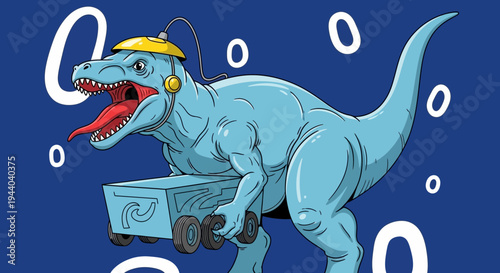 Blue cartoon Tyrannosaurus Rex with a helmet on a cart, floating with zeros