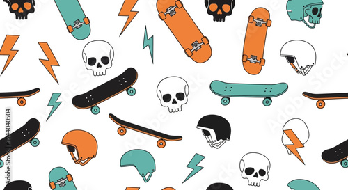 Skateboard and Skull Pattern: Extreme Sports, Urban Style, Lightning Bolts