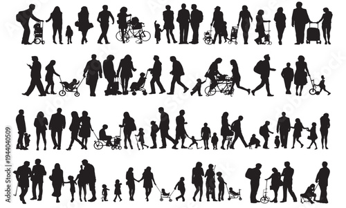 Diverse Silhouettes of People Representing a Community, Including Individuals, Couples, and Families with Children, Engaged in Various Everyday Activities, Standing and Walking