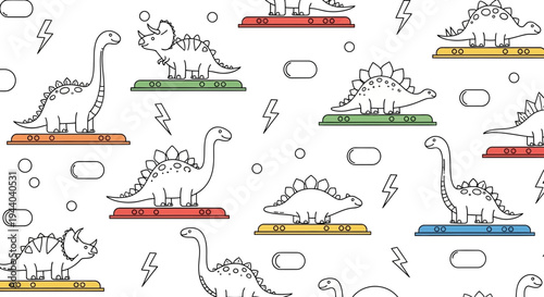 Cute Dinosaur Pattern - Stegosaurus, Triceratops, Brontosaurus - White Background
