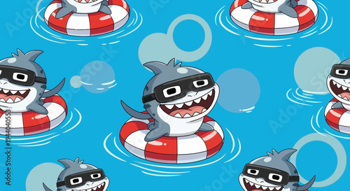 Cute cartoon shark in goggles on a lifebuoy, seamless pattern, summer fun